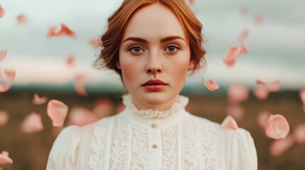 A serene portrait of a woman surrounded by floating rose petals, exuding elegance and tranquility against a soft, blurred background.