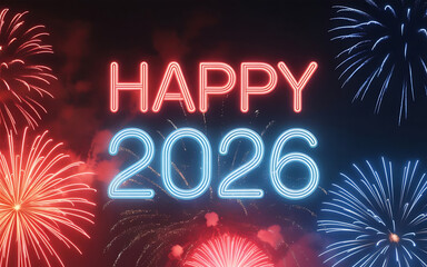 Happy new year 2026 fireworks in the night sky with blurred background