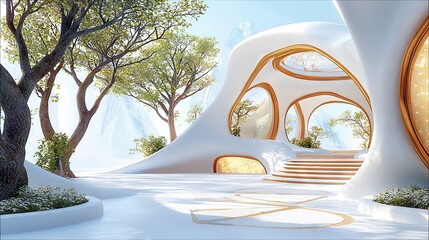 A surreal architectural landscape featuring organic, flowing white structures with large, rounded windows and lush greenery.
