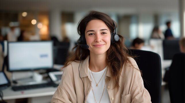 Female call center operator smiling with headset, modern workstation environment, diffused daylight, friendly atmosphere, showcasing customer support professionalism and engagement