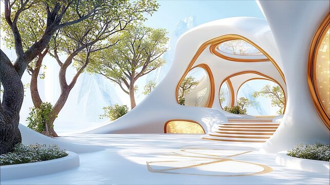 A surreal architectural landscape featuring organic, flowing white structures with large, rounded windows and lush greenery.