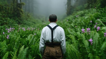 A solitary figure stands in a lush, green forest surrounded by ferns and flowers, enveloped in mist and tranquility.