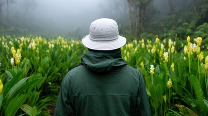 A person in a green jacket and white hat stands in a lush, misty field of yellow flowers, creating a serene and tranquil atmosphere.