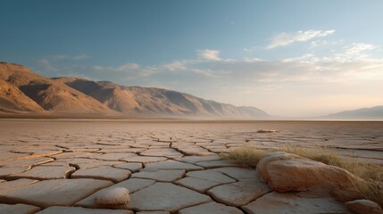 Dried lake bed with cracked surface and natural earthy textures, showcasing a wide barren landscape under soft daylight, evoking an environmental crisis mood