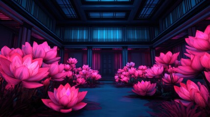 A vibrant indoor space filled with luminous pink lotus flowers, contrasting against a dark architectural backdrop, creating a serene and surreal atmosphere.