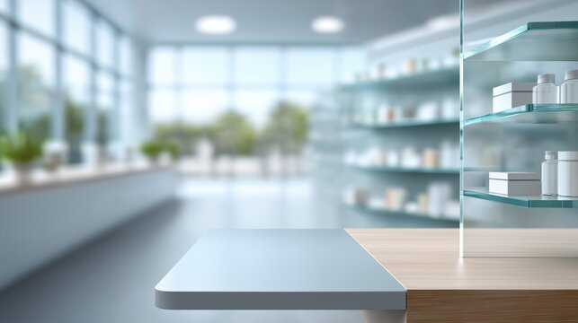 Blurred pharmacy shelves background with smooth glass and cardboard textures, showcasing a clean foreground space and soft diffused daylight in a calm professional atmosphere
