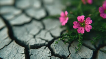 Delicate pink flowers emerge from cracked, dry soil, symbolizing resilience and beauty in harsh conditions.