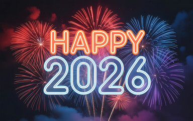 Happy new year 2026 fireworks in the night sky with blurred background