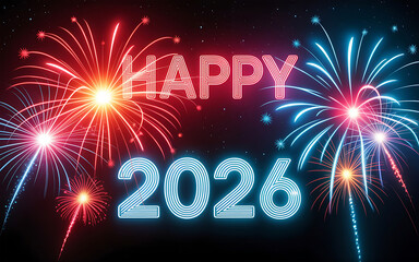 Happy new year 2026 fireworks in the night sky with blurred background