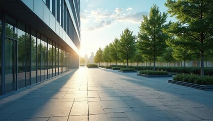 Modern office building exterior. Large glass windows reflect trees and sunlight. Green trees along the paved walkway create a nice eco friendly vibe. City in the background.