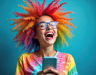 Young woman with rainbow hair, glasses laughs holding phone. Wears tie dye shirt, expresses pure joy, excitement. Vibrant hair color stands out against blue background. Casual lifestyle shot with