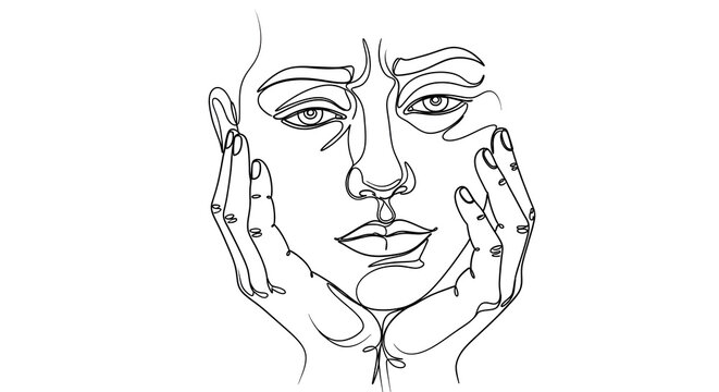 Minimalist Line Art of a Person's Face with Hands