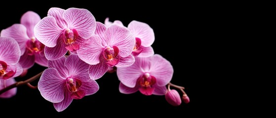 A stunning arrangement of pink orchids against a black background, showcasing their delicate petals and intricate details.