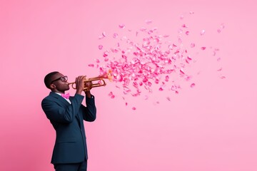 A person in a suit plays the trumpet, releasing pink flower petals against a bright pink background, creating a vibrant, joyful scene.