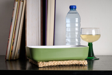 Kitchen oven dish and cooking books