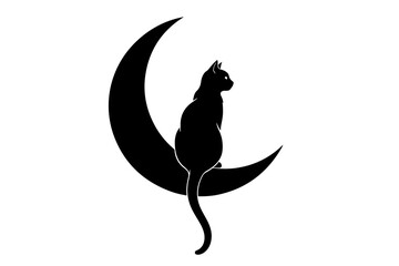 Silhouette of a black cat sitting on a crescent moon against a white background