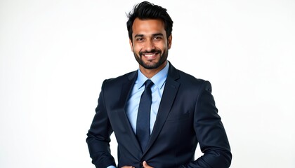Young Indian businessman stands confidently wearing navy blue suit, tie. Smiling man looks directly at camera on white background. Hands on hips, pro executive portrait. Businessman happy, successful