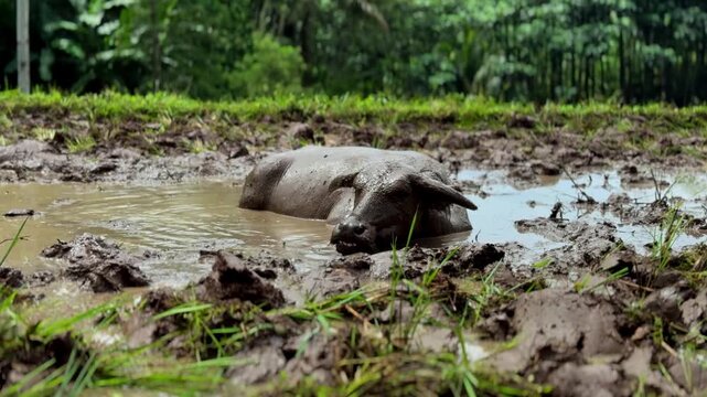 Peaceful close-up of a muddy water buffalo relaxing and chewing cud (grass) while submerged in a rice paddy mud bath. Beautiful bokeh effect isolates the subject. Ideal for nature or farm clips.