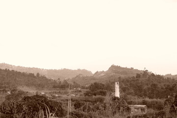 Sepia Tone Scenic Landscape of Lush Hills and Countryside