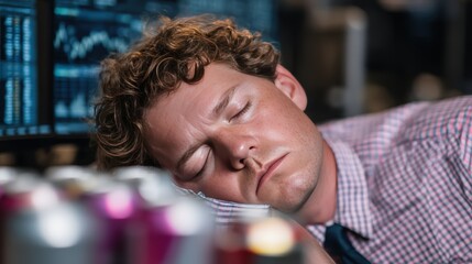 A man in formal attire sleeps at a desk surrounded by computer screens and energy drink cans, highlighting exhaustion in a high-pressure environment.
