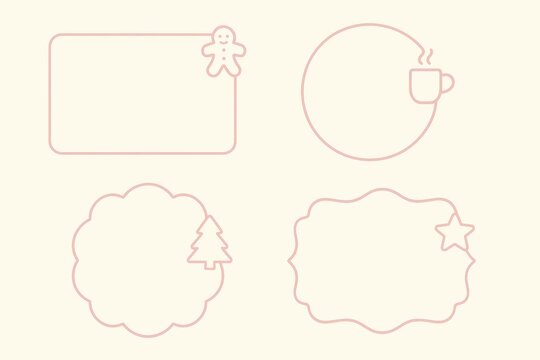 Nostalgic holiday frame designs featuring a gingerbread man a steaming coffee mug a decorative tree and a star offering a whimsical seasonal touch for festive creativity