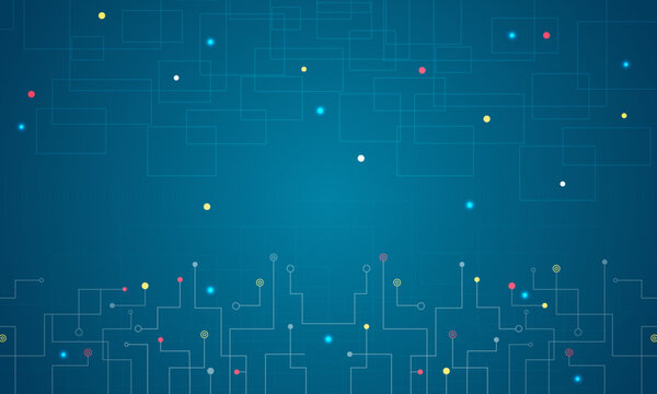 Blue abstract technology background with geometric lines, circuit connections, and colorful glowing dots. Modern digital pattern ideal for tech designs, presentations, and futuristic layouts.
