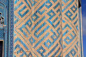 The Karabakh Zawiya and Mausoleum was built in the 12th-14th centuries. The structure's brick and tile decorations are striking. Nakhchivan, Azerbaijan.