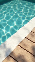 Clean turquoise water surface reflects light patterns. Natural wood deck and concrete edge by swimming pool. Calm serene poolside relaxation invites summer leisure time.