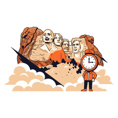 Naklejka premium Cracked Mount Rushmore with clock character illustration