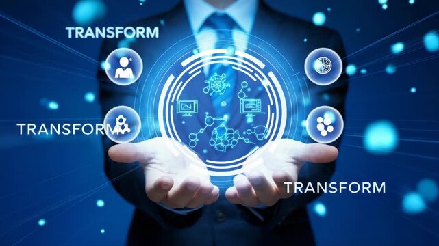 Business executive showcasing digital transformation strategy with technology and data visualization on blue background - Powered by Adobe