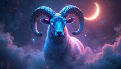 Aries ram with glowing eyes and large horns sits among cosmic clouds and stars. A crescent moon shines brightly in the mystical night sky. This vibrant fantasy image represents the zodiac sign.