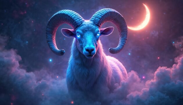 Aries ram with glowing eyes and large horns sits among cosmic clouds and stars. A crescent moon shines brightly in the mystical night sky. This vibrant fantasy image represents the zodiac sign.