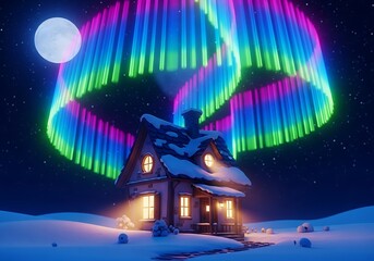Charming winter cabin under vibrant aurora borealis, mystical wonderland