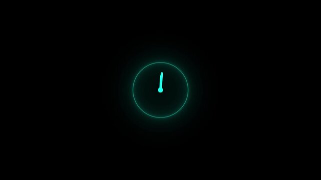 Teal Neon Clock Face With Glowing Ring On Black Background Keywords: clock, time, teal, glowing