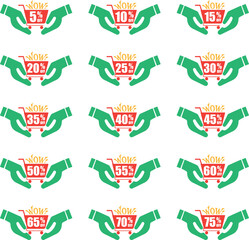 Discount tags with prices for various types of goods offered by two human hands