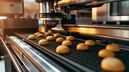 Automated food production: cookies on a conveyor belt in a factory setting.