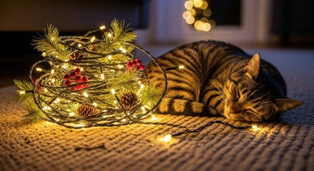 Peaceful Cat Napping Beside Twinkling Holiday Lights