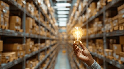 Obraz premium A person holding a glowing lightbulb in a warehouse filled with boxes.