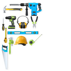 Collection of construction tools, helmets, and safety gear on white background, symbolizing work safety and building industry