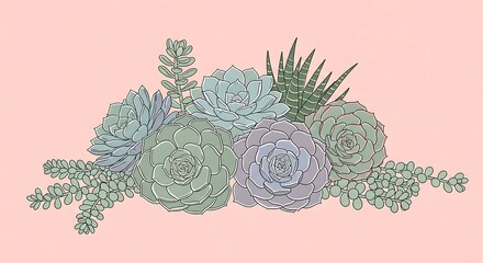 Tranquil gathering of desert succulents displayed on pastel pink backdrop