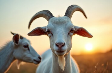 White goat with big horns looks directly at camera at sunset. Another goat stands behind, soft warm light illuminates scene. Farm animal in rural setting.