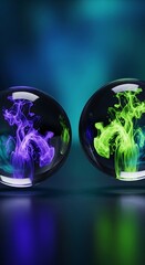 Two Glass Spheres Filled with Luminous Purple and Green Hues on Dark
