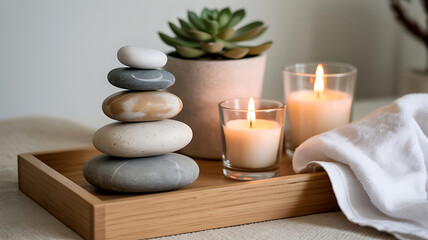 Spa wellness setup with zen stones and lit candles