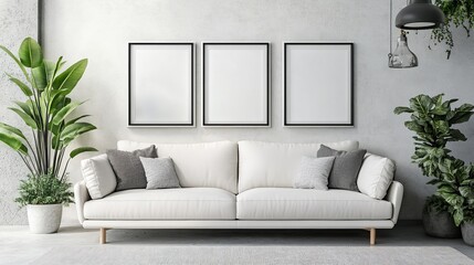 Fototapeta premium Cozy modern living room with stylish sofa, plants and elegant decor accents