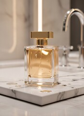 perfume bottle on marble slab, golden rim light, high-end commercial style