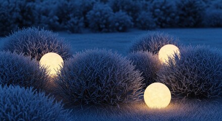 Magical glowing orbs illuminate a frosty winter landscape with stunning contrast and serene beauty, perfect for holiday cards or winter-themed projects