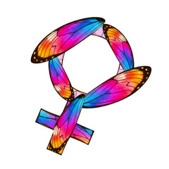 Obraz premium Feminine symbol crafted from vibrant butterfly wings against a stark black backdrop on transparent background