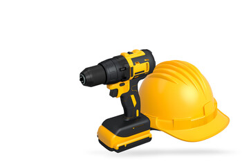 Obraz premium Cordless drill and safety helmet isolated on white background with clipping path. Concept of construction, safety, and power tools
