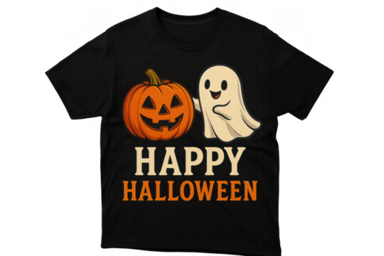 Black t-shirt featuring happy halloween message with cute cartoon ghost and jack-o'-lantern pumpkin, transparent background