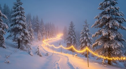 Magical winter wonderland with snow-covered trees and warm glowing lights, perfect for holiday promotions and seasonal campaigns with a festive, dreamy vibe